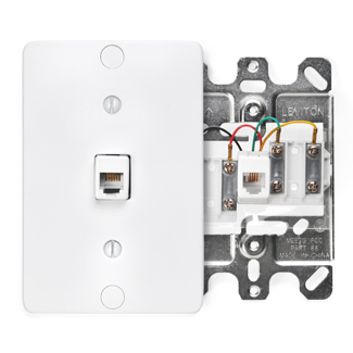 Product image for Leviton 40257-W White Plastic Screw Terminal 6-Position 4-Conductor Wallplate with Modular Jack