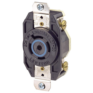 Product image for Leviton 2510 20 Amp 120/208 Volt NEMA L21-20R 4-Pole 5 Wire Flush Mounting Industrial Grade Grounding Black Locking Receptacle