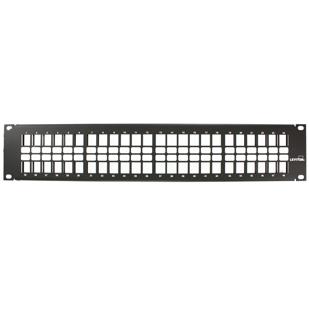 Product image for Leviton 49255-H48 19 x 4.98 x 3.48 Inch Black 16 Gauge Steel 2-Rack Unit Flat Patch Panel