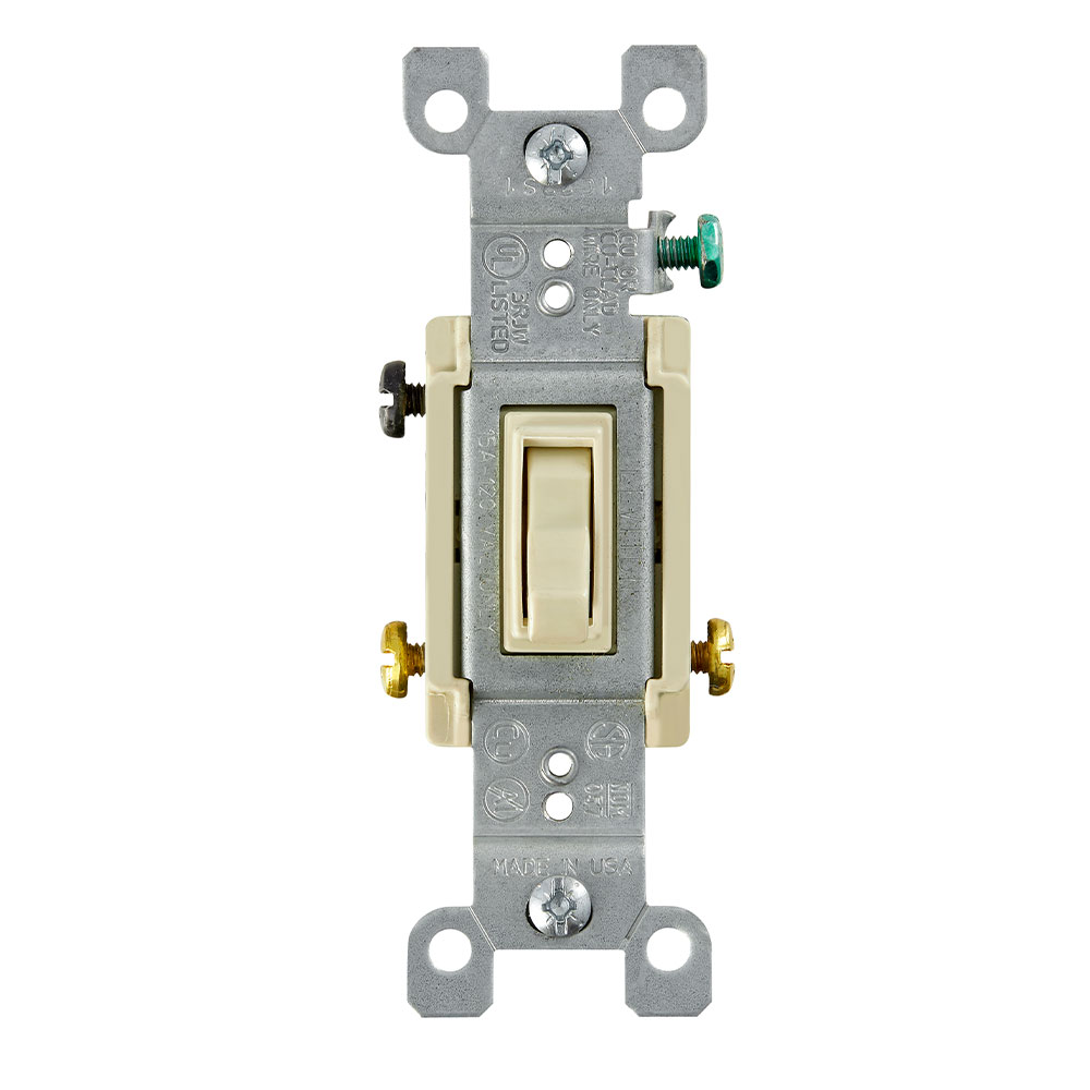 Product image for Leviton 1453-2I 120 VAC 15 Amp 1/2 Hp 3-Way Ivory Thermoplastic Grounding Framed Toggle Quiet Switch