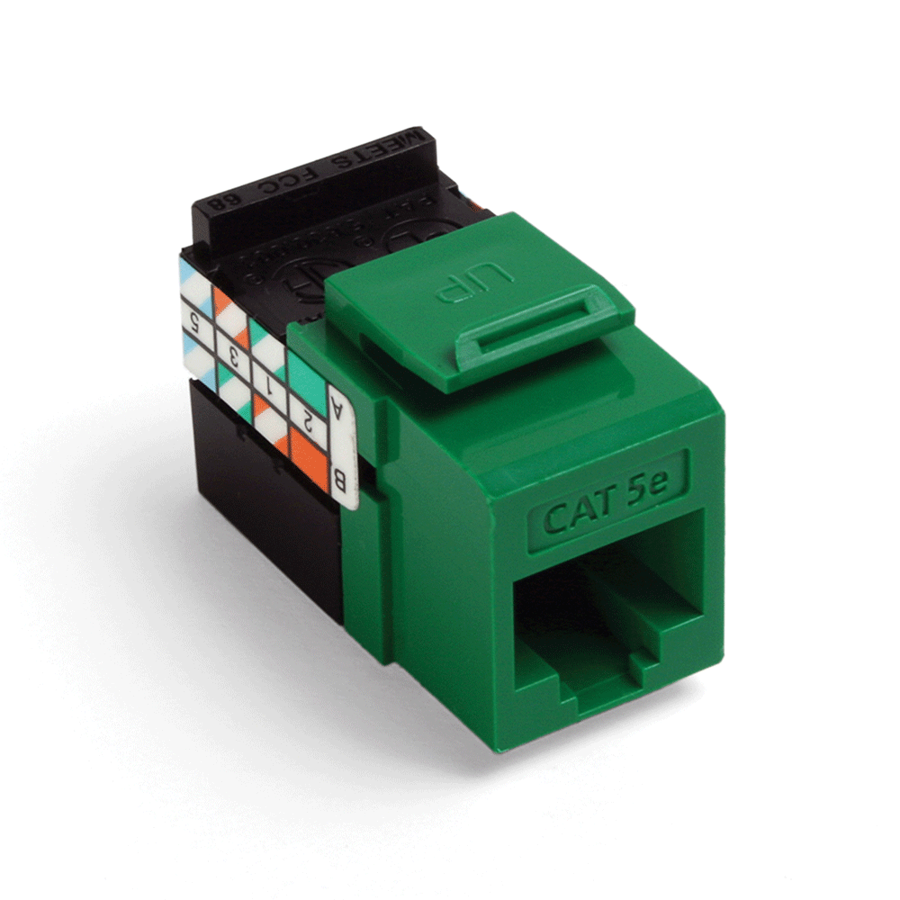 Product image for Leviton 5G108-RV5 Category 5E Green Plastic 1-Piece Channel Rated UTP Jack Connector