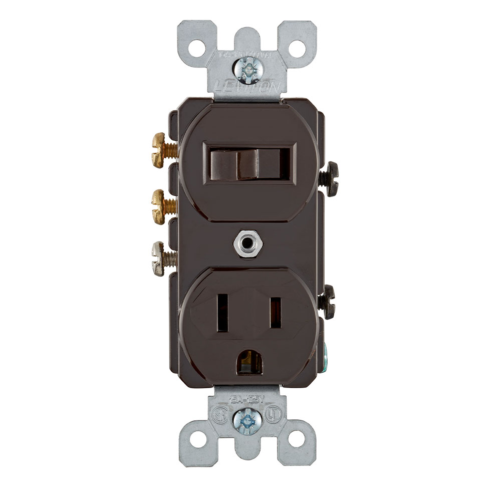 Product image for Leviton 5245 15 Amp 120 Volt Duplex Style 3-Way 5-15R Commercial Grade Grounding Side Wired Brown AC Combination Switch