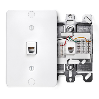 Product image for Leviton 40253-W White Plastic Surface Mount Quick Connect Terminal 6-Position 4-Conductor 110 Style Telephone Wall Jack