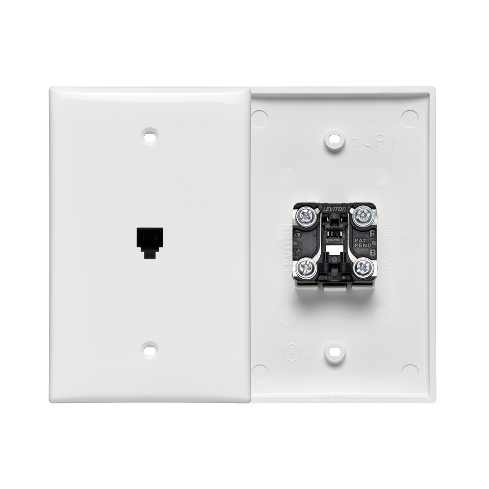 Product image for Leviton 40539-PMW White Nylon Box/Flush Mount Screw Terminal 6-Position 4-Conductor 110 Style Midway Telephone Wall Jack
