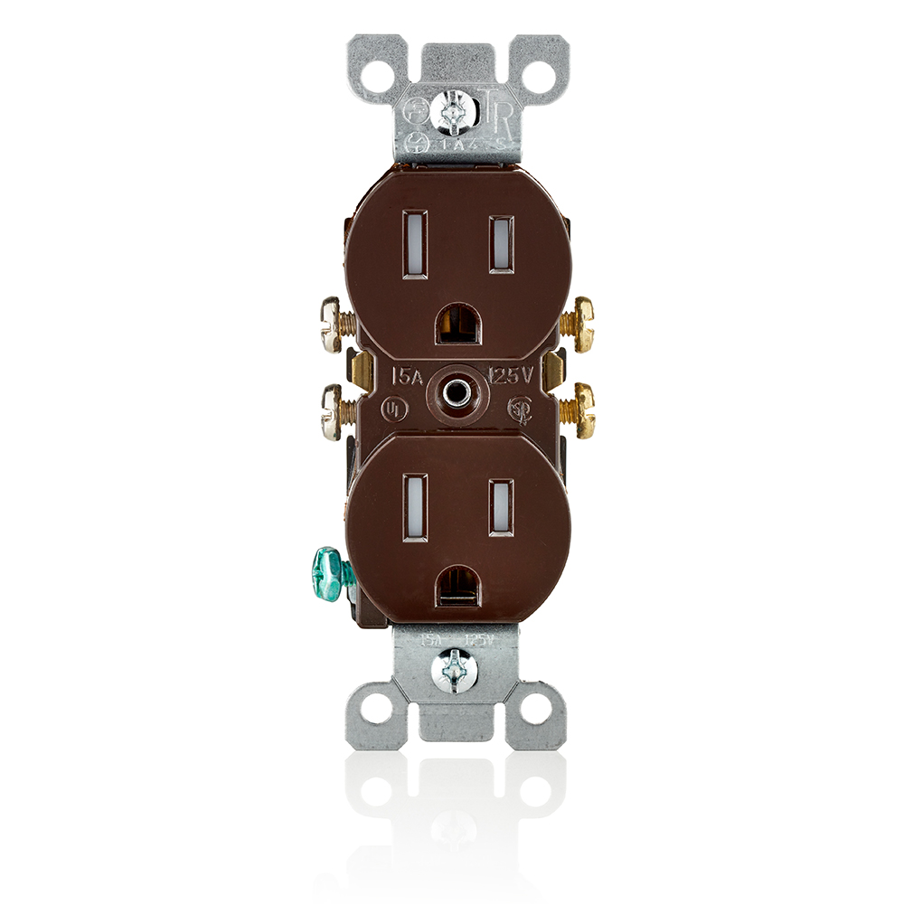 Product image for Leviton T5320  15A 125V Tamper-Resistant Duplex Receptacle, Residential Grade, Grounding, Quickwire Push-In & Side Wired - Brown