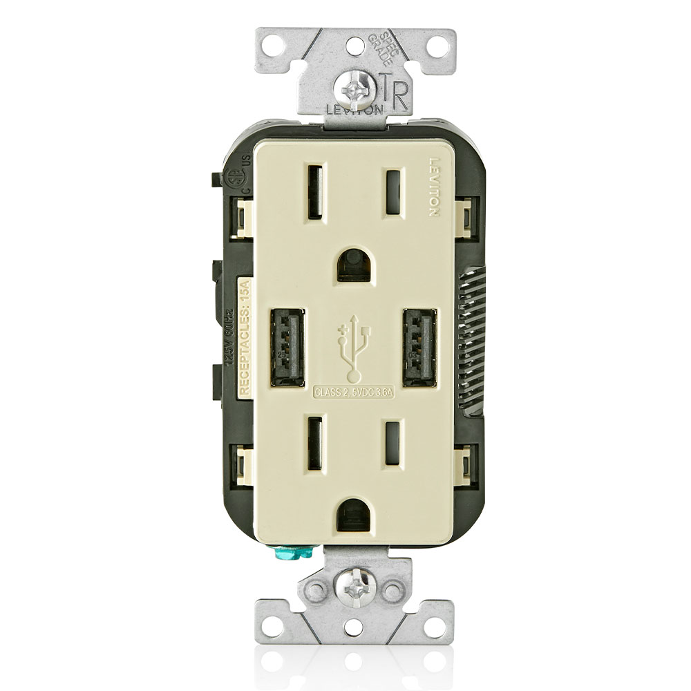 Product image for Leviton T5632-I 15A/125V Combination Duplex Receptacle/Outlet and USB Charger, Ivory