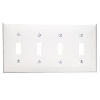 Product image for Leviton 80712-W 8.19 x 0.22 x 4.5 Inch 4-Gang Smooth White Thermoplastic Nylon Device Mount Standard Toggle Switch Wallplate