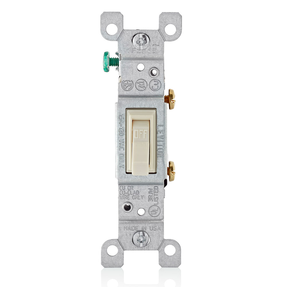 Product image for Leviton 1451-2T 120 VAC 15 Amp 1-Pole 1/2 Hp Light Almond Thermoplastic Grounding Framed Toggle Quiet Switch