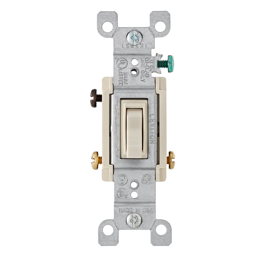 Product image for Leviton 1453-2T 120 VAC 15 Amp 1/2 Hp 3-Way Light Almond Thermoplastic Grounding Framed Toggle Quiet Switch