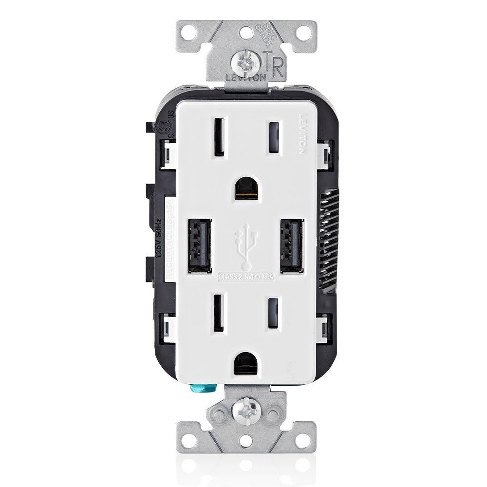 Product image for Leviton T5632-W 15A/125V Combination Duplex Receptacle/Outlet and USB Charger, White