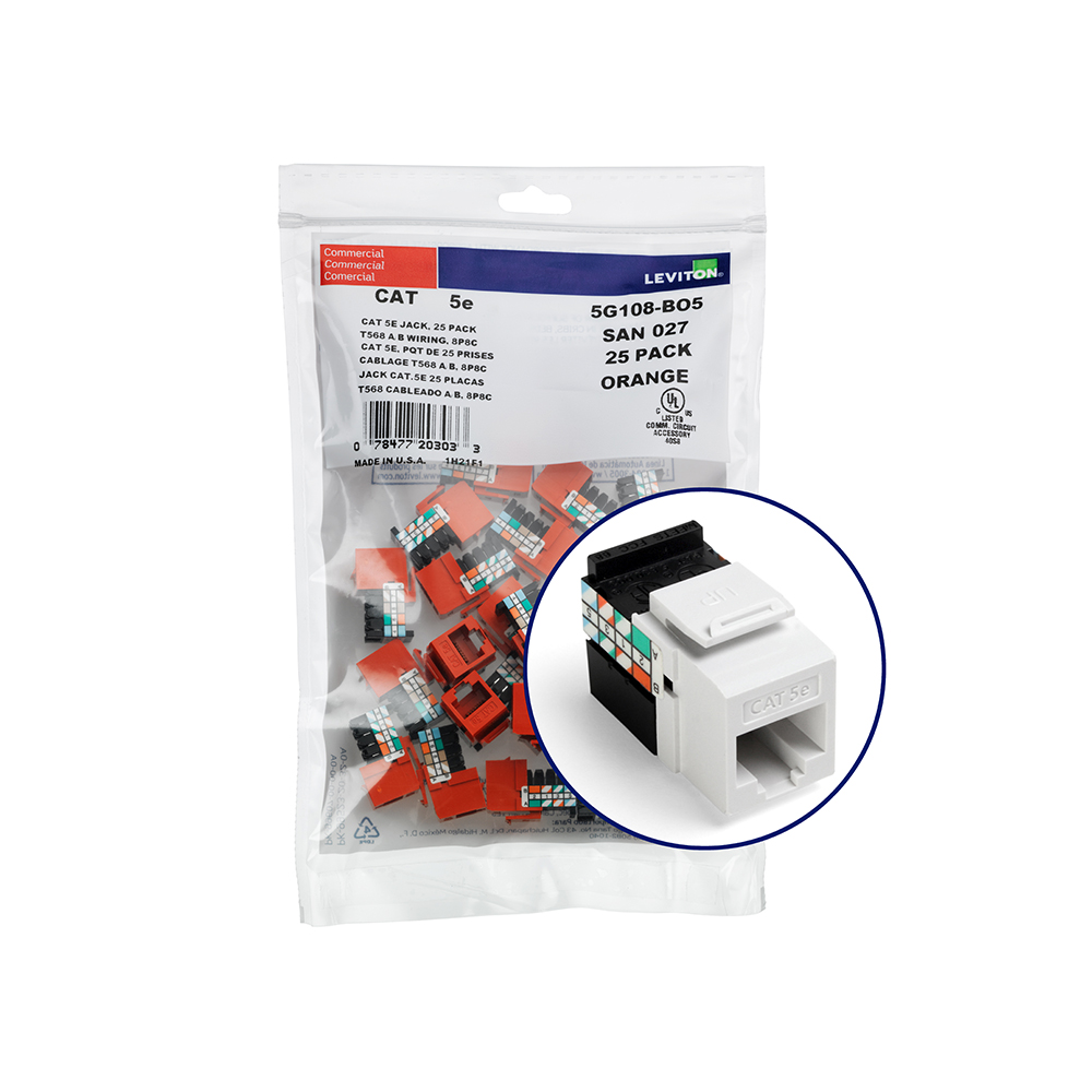Product image for Leviton 5G108-BW5 Category 5E White Plastic 1-Piece Channel Rated UTP Jack Connector
