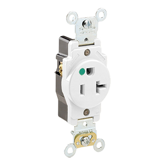 Product image for Leviton 8310-W 20 Amp 125 Volt NEMA 5-20R 2-Pole 3 Wire Self Grounding Back and Side Wired Steel Strap White Single Receptacle