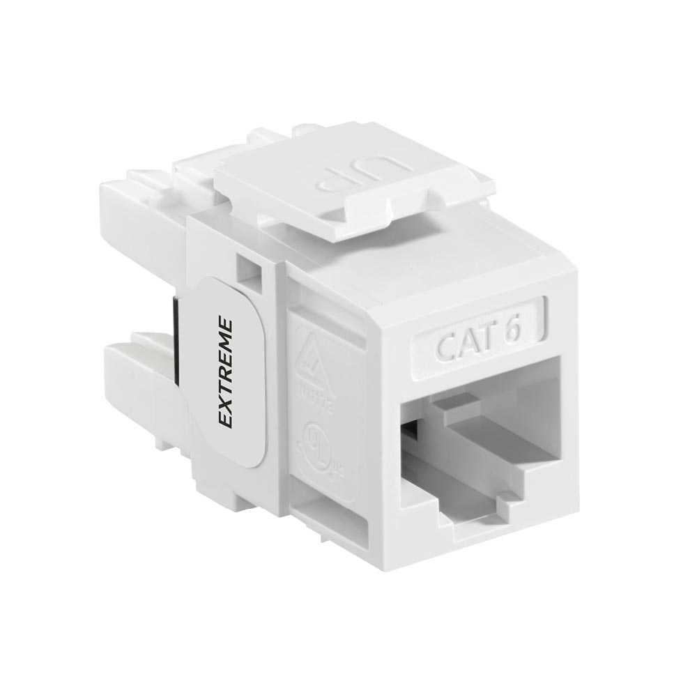 Product image for Leviton 61110-RW6 Category 6 White Plastic Snap-In 8-Position 8-Conductor UTP Jack Modular Connector, RG6 Keystone