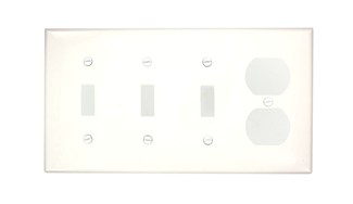 Product image for Leviton 80743-W 4-Gang 3-Toggle 1-Duplex Device Mount Thermoplastic Nylon White Combination Wallplate