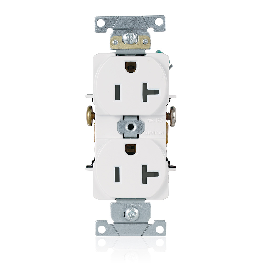 Product image for Leviton 5342-W 20 Amp 125 Volt NEMA 5-20R 2-Pole 3 Wire Heavy Duty Specification Grade Straight Blade White Duplex Recptacle