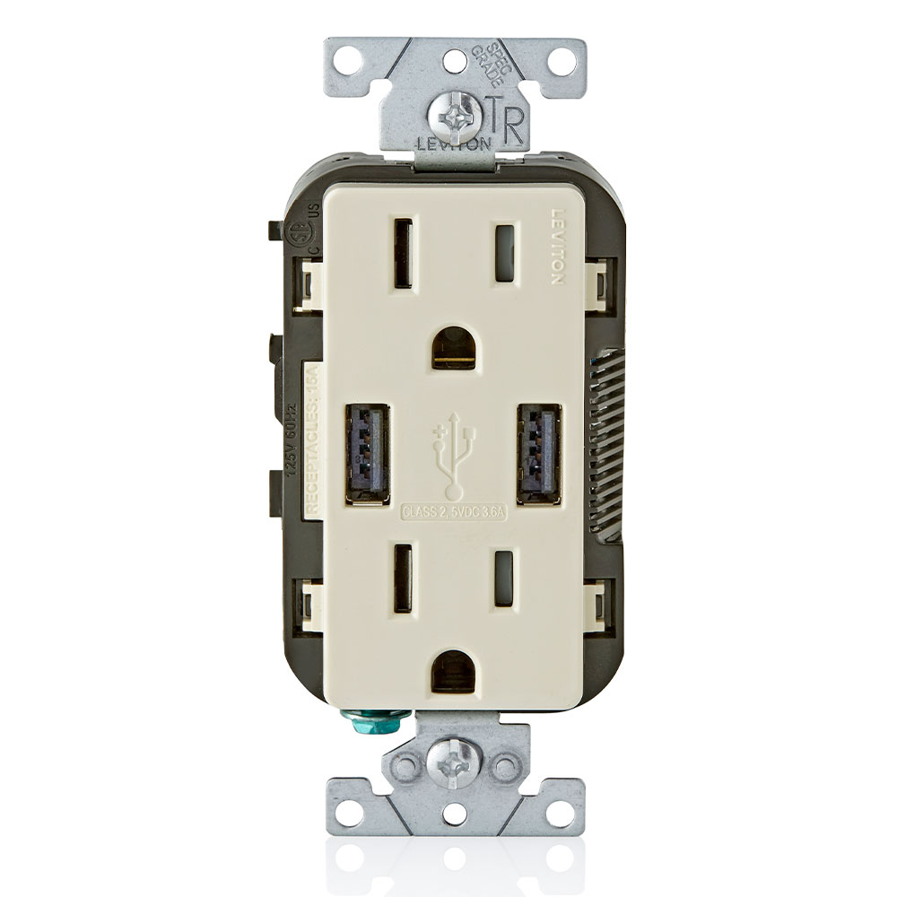 Product image for Leviton T5632-T 15A/125V Combination Duplex Receptacle/Outlet and USB Charger, Light Almond