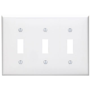 Product image for Leviton 80711-W 6.38 x 0.22 x 4.5 Inch 3-Gang Smooth White Thermoplastic Nylon Device Mount Standard Toggle Switch Wallplate
