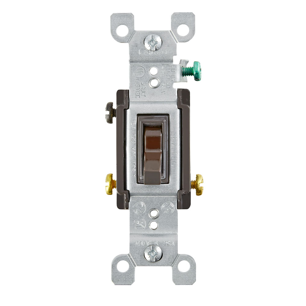 Product image for Leviton 1453-2 120 VAC 15 Amp 1/2 Hp 3-Way Brown Thermoplastic Grounding Framed Toggle Quiet Switch