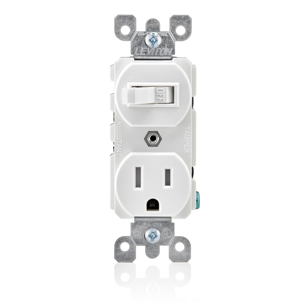 Product image for Leviton T5225-W 120 Volt 15 Amp 1-Pole NEMA 5-15R 1/2 Hp White Thermoplastic Grounding Duplex AC Combination Switch