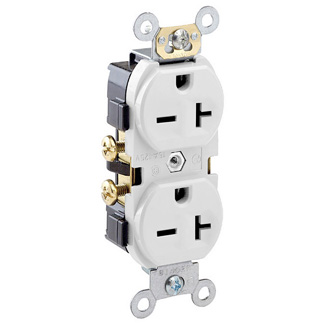 Product image for Leviton 5822-W 20 Amp 250 Volt NEMA 6-20R 2-Pole 3 Wire Narrow Body Straight Blade Commercial Grade White Duplex Receptacle