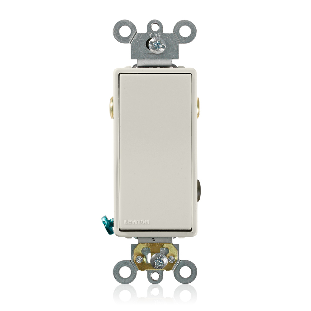 Product image for Leviton 5623-2T 120/277 VAC 20 Amp 2 Hp 3-Way Light Almond Thermoplastic Self Grounding Rocker Quiet Switch