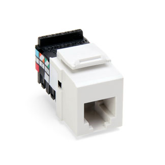 Product image for Leviton 41106-RW6 USOC White Plastic Surface/Flush Mount Snap-In 6-Position 6-Conductor UTP Jack Voice Grade Connector, RG6 Keystone