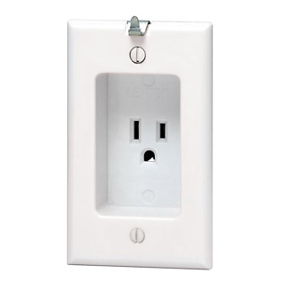 Product image for Leviton 688-W 125 Volt 15 Amp 2-Pole 3-Wire NEMA 5-15R 1-Gang White Thermoplastic Grounding Recessed Clock Hanger Receptacle