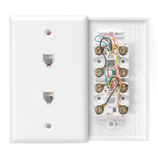 Product image for Leviton 40244-W 2.75 x 4.53 Inch Plastic Box/Flush Mount Screw Terminal 6-Position 4-Conductor Standard Telephone Wall Jack