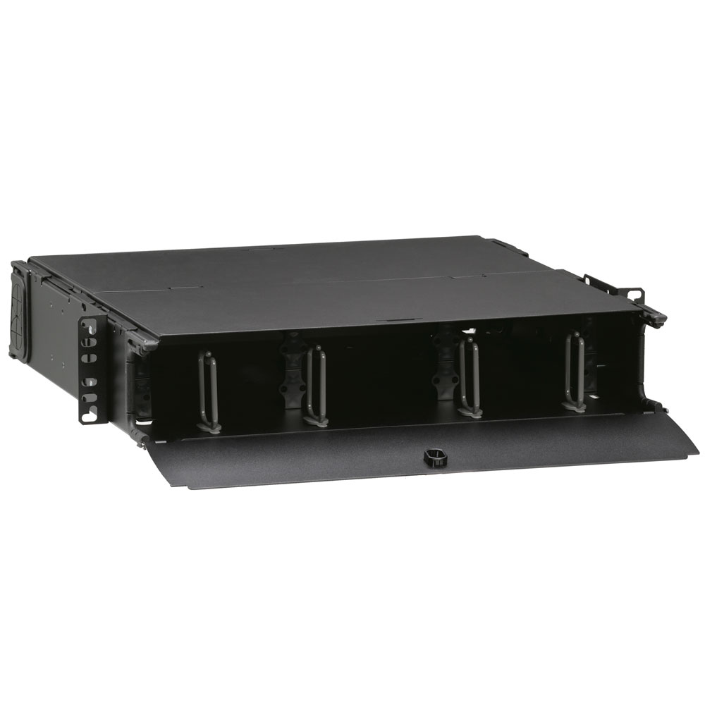 Product image for Leviton 5R2UM-F06 19 x 15.72 x 3.47 Inch Black 16 Gauge Steel Rack Mount 2-Unit Empty Fiber Optic Enclosure