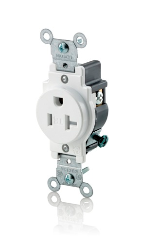 Product image for Leviton T5020-W  20A 125V Single Receptacle, Tamper-Resistant, Commercial Grade, Self-Grounding, Side Wired - White