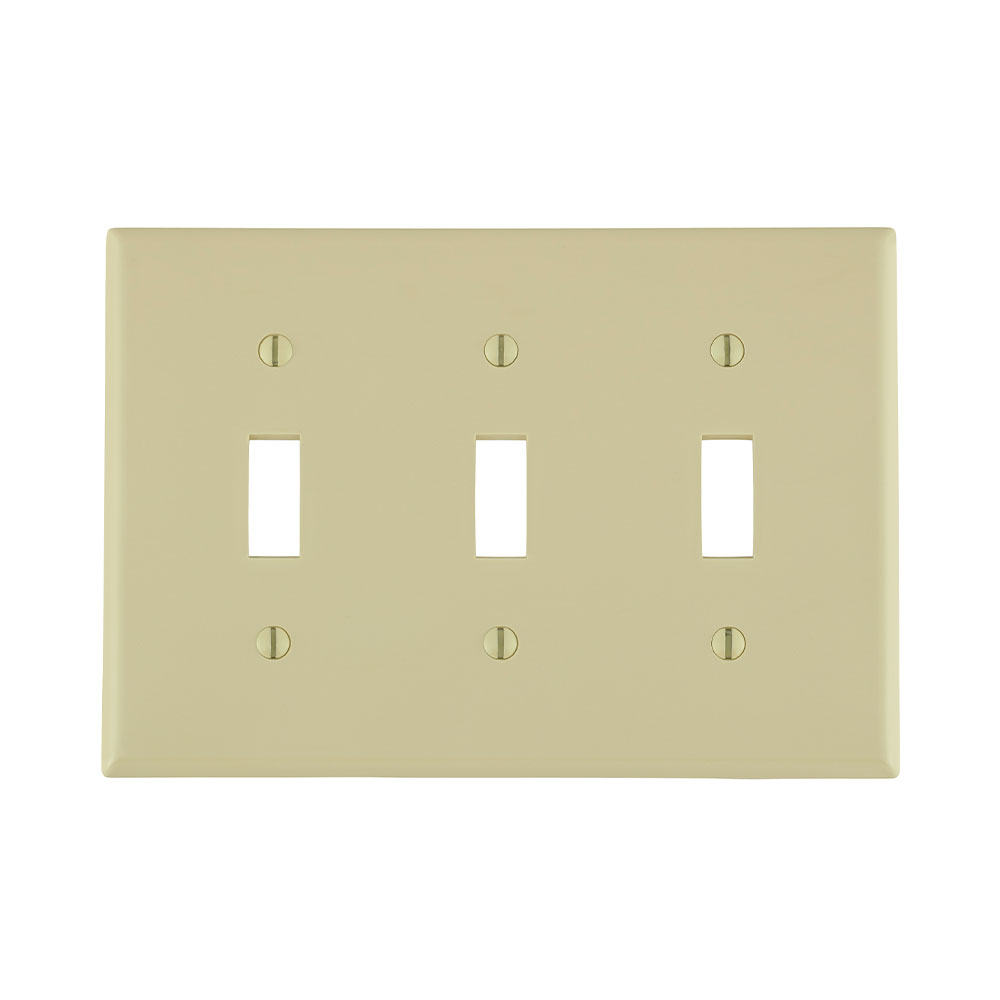 Product image for Leviton 80711-I 6.38 x 0.22 x 4.5 Inch 3-Gang Smooth Ivory Thermoplastic Nylon Device Mount Standard Toggle Switch Wallplate