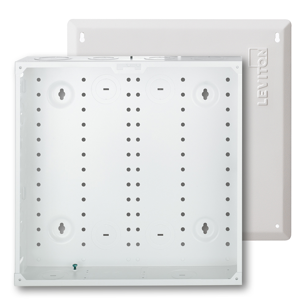 Product image for Leviton 47605-140 14" Structured Media Enclosure & Flush Mount Cover, 15.35" H x 15.62" W x 3.85" D, Metal, White