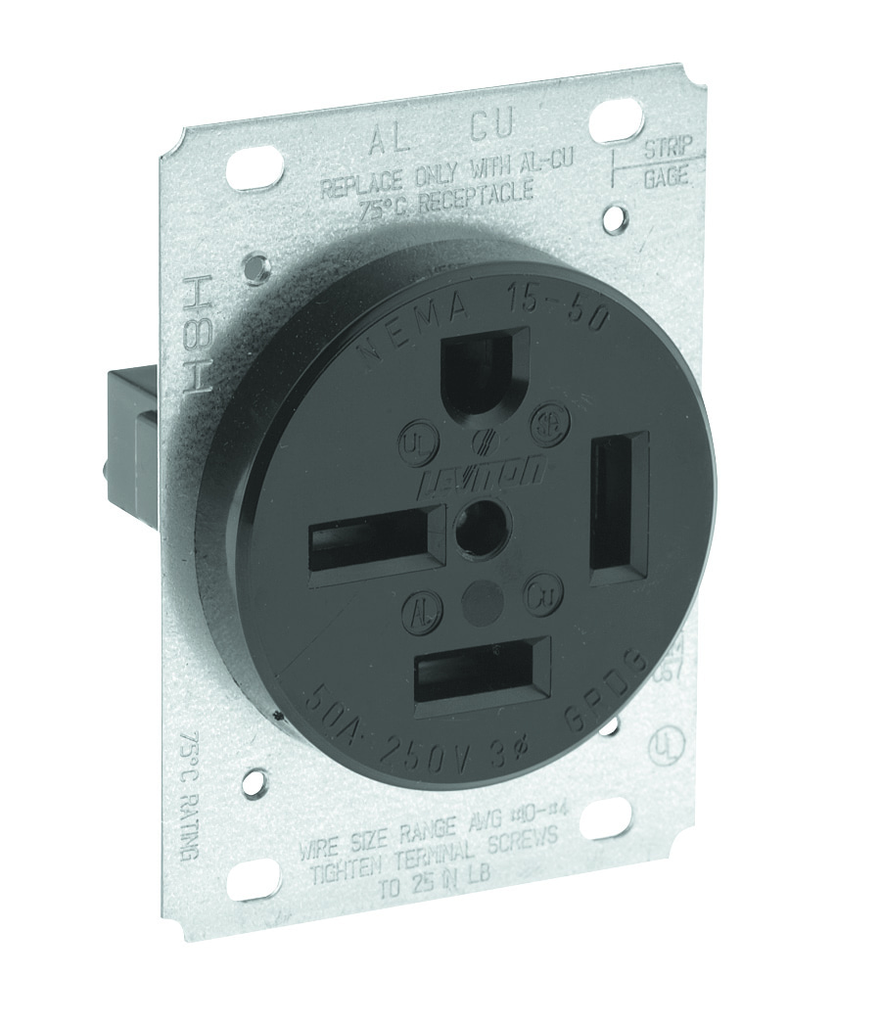 Product image for Leviton 8450 250 Volt 50 Amp 3-Pole 4-Wire NEMA 15-50R 7-1/2 Hp Black Nylon Flush Mount Straight Blade Receptacle