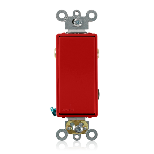Product image for Leviton 5623-2R 20 Amp 120/277 Volt Decora Plus Rocker 3-Way Commercial Spec Grade Self Grounding Red AC Quiet Switch