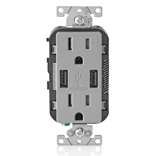 Product image for Leviton T5632-GY 15A/125V Combination Duplex Receptacle/Outlet and USB Charger, Gray