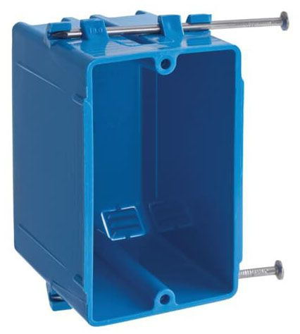 Product image for Carlon B118A 1-Gang Blue PVC Nail-On Wall Box with Captive Nails, 18 cu. in.