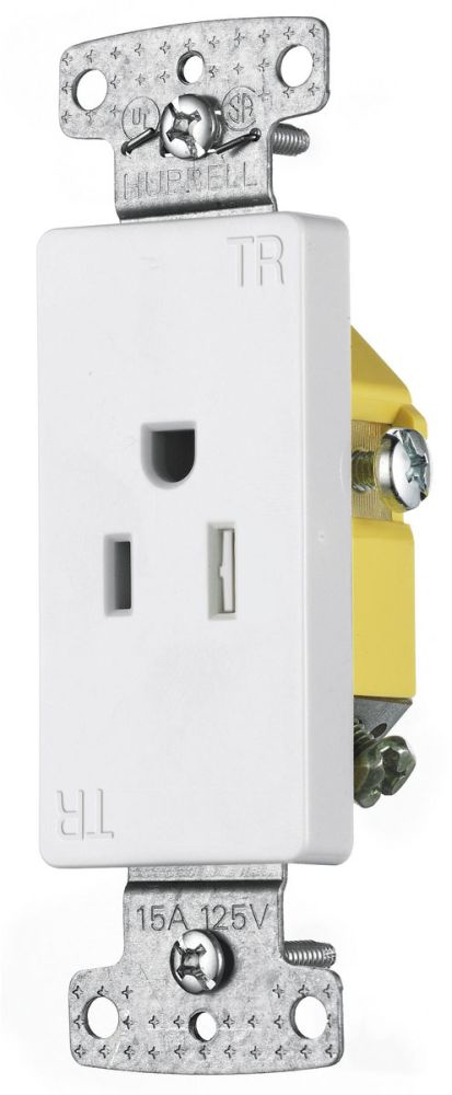 Product image for Hubbell Wiring Devices RRD151WTR 125 Volt 15 Amp White Tamper Resistant Residential Decorator Single Receptacle