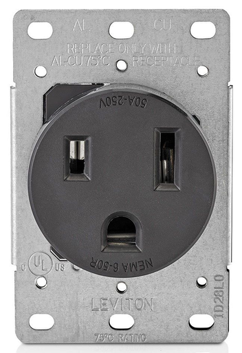 Product image for Leviton 5374 250 Volt 50 Amp 2-Pole 3-Wire NEMA 6-50R 3 Hp Black Nylon Grounding Flush Mount Straight Blade Receptacle