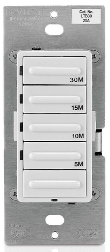 Product image for Leviton LTB30-1LZ 120 VAC 20 Amp 1800 W 1-Pole 3-Way White/Ivory/Light Almond 5-Button Preset Countdown Electronic Timer Switch