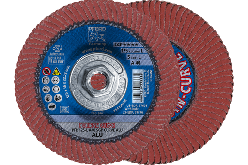 PFERD Flap Disc, 5" x 5/8-11, A SGP CURVE ALU, 40 Grit, Large Radius, Aluminum oxide