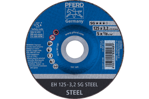 PFERD Cut-Off Wheel, 5" x 1/8 x 7/8, SG STEEL, T27, Aluminum oxide
