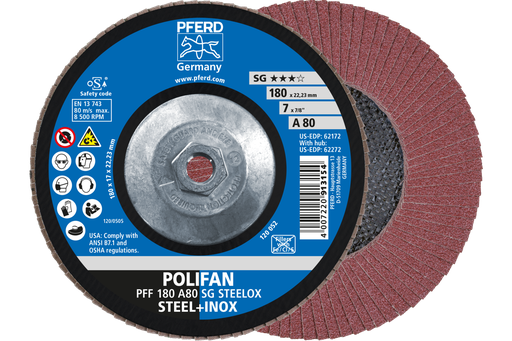 PFERD Flap Disc, 7" x 5/8-11, A SG STEELOX, 80 Grit, T29, Conical, Aluminum oxide
