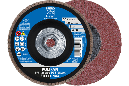 PFERD Flap Disc, 5" x 5/8-11, A SG STEELOX, 60 Grit, T27, Flat, Aluminum oxide