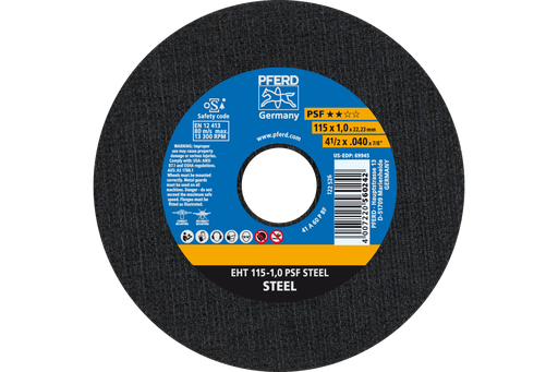 PFERD Cut-Off Wheel, 4-1/2" x .040 x 7/8, PSF STEEL, T1, Aluminum oxide