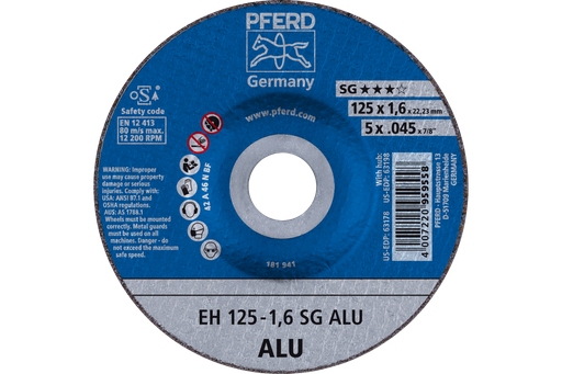 PFERD Cut-Off Wheel, 5" x .045 x 7/8, SG ALU, T27, Aluminum oxide