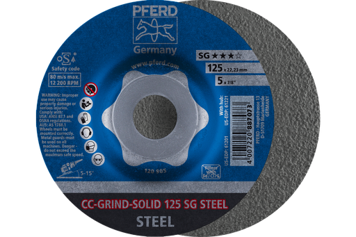 PFERD Grinding disc, CC-GRIND®-SOLID, 5" x 7/8, SG STEEL, Ceramic