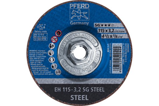 PFERD Cut-Off Wheel, 4-1/2" x 1/8 x 5/8-11, SG STEEL, T27, Aluminum oxide