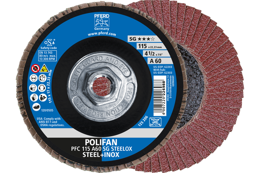 PFERD Flap Disc, 4-1/2" x 5/8-11, A SG STEELOX, 60 Grit, T29, Conical, Aluminum oxide