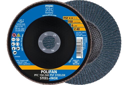 PFERD Flap Disc, 6" x 7/8, Z PSF STEELOX, 40 Grit, T29, Conical, Zirconia