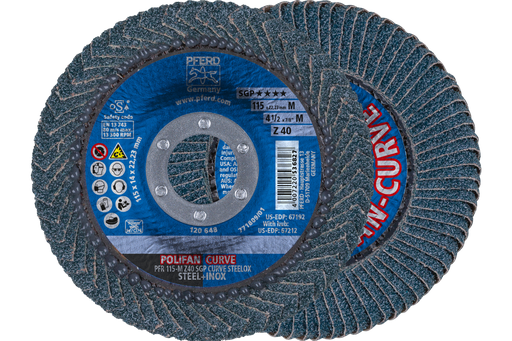 PFERD Flap Disc, 4-1/2" x 7/8, Z SGP CURVE STEELOX, 40 Grit, Medium Radius, Zirconia